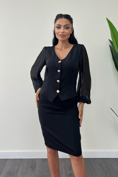 giyimmasalı Double Kumaş Düğme Detaylı Kolları Şifon Kalem Elbise - SİYAH