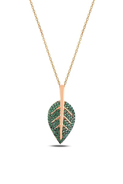 Eva Jewelry Zeytin Model Zümrüt Taşlı 14 K Rose Gold Kaplama Kadın Kolye