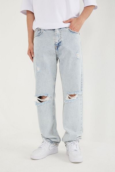 DİFRANSEL Men's Blue Baggy Jeans - Ripped Open Series Trousers
