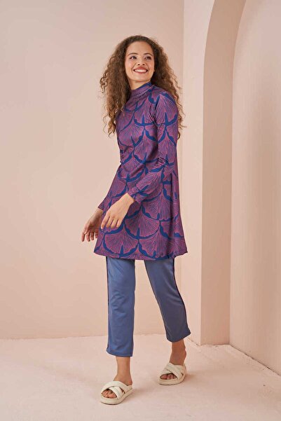 Mevra Мальдівський листяний візерунок, комплект купальників з покриттям, синій