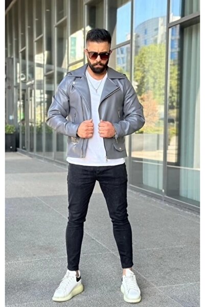 ayakuydur Erkek Gri Deri Ceket