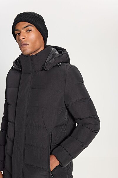 AC&Co / Altınyıldız Classics Μαύρο ανδρικό παλτό - Ζεστό, με επένδυση, γιακά με κουκούλα, πλαϊνές τσέπες