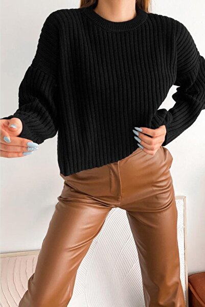 Jose Clothing Pulover Crop oversize cu dungi - Gât crew, mâneci raglan