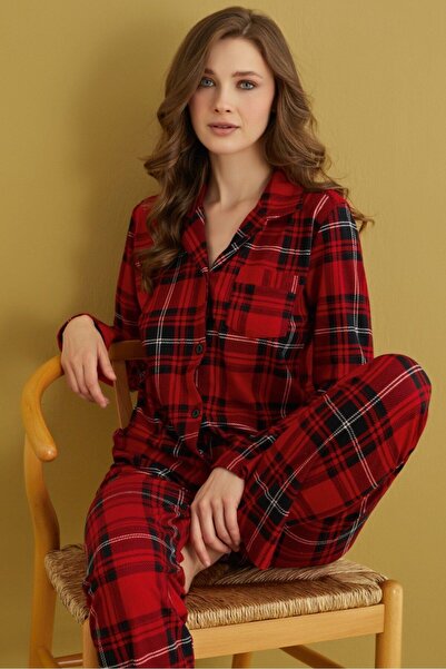 bie's Σετ πιτζάμες μπορντό καρό σατέν - γιακάς πουκάμισου, μπροστινό κουμπί, τσέπες, μακρυμάνικο