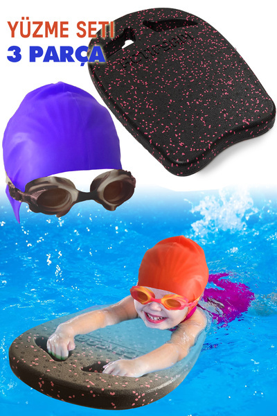 Binbirreyon Çocuk Yüzücü Havuz Seti 3 Parça Bone+Yüzme Tahtası+Siyah Renk Yüz...