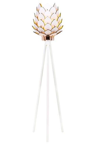 Modamonline Kozalak Lambader 3 Ayaklı Abajur Ahşap Büyük Boy Lamba Beyaz 3017