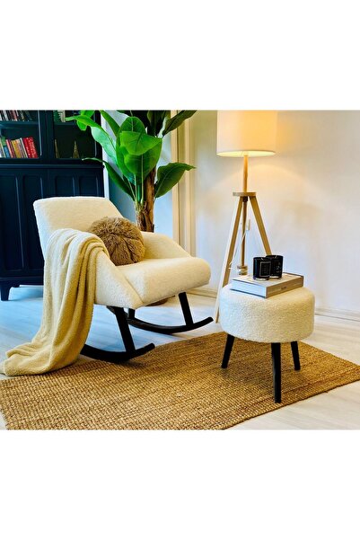 WEBPANYA Sallanan Ahşap Siyah Ayaklı Kırık Beyaz Rengi Berjer Koltuk - Puf Hediyeli