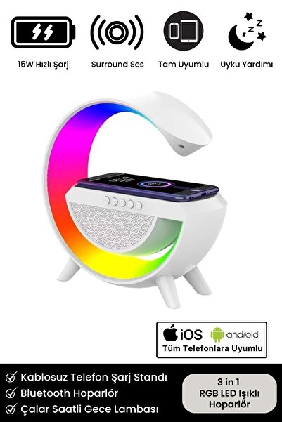 Noriyen Kablosuz Şarj Led Işıklı Bluetooth Hoparlör Radyolu Müzik Çalar Saatl...