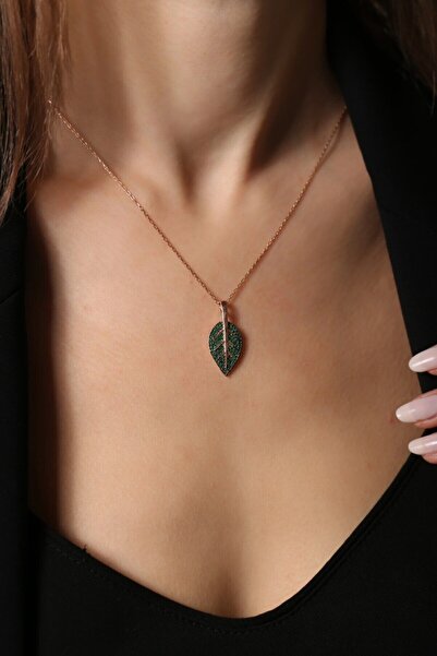 Eva Jewelry Zeytin Model Zümrüt Taşlı 14 K Rose Gold Kaplama Kadın Kolye