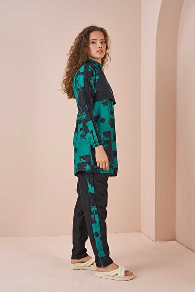 Mevra Palm Tree Pattern Hijab Swimsuit Short Black