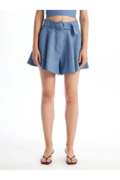 LC Waikiki LCW Vision Indigo Pantaloni scurți pentru femei cu aspect de in cu centură în talie