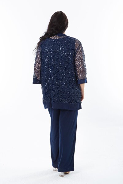 Şans Plus Size Navy Blue Lace Cardigan - Αμάνικη Μπλούζα και Παντελόνι Σετ 3 τεμαχίων 65n38220