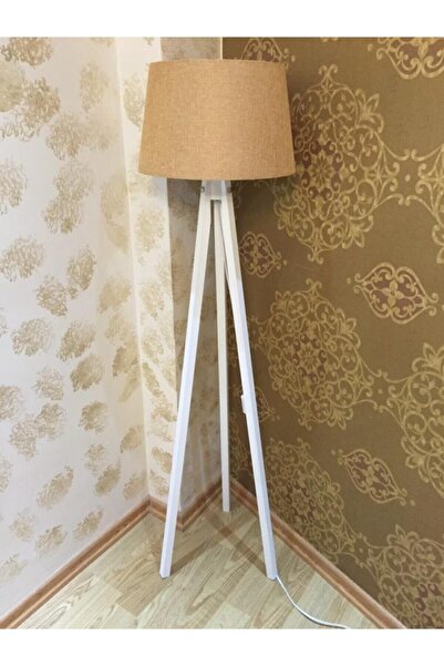 Modamonline 3 Ayaklı Lambader Ahşap Abajur Konik Tütün Kumaş Başlık Beyaz Ayak