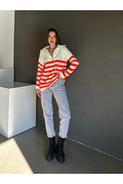 Jose Clothing Orange White Zippered Women's Knitwear Sweater