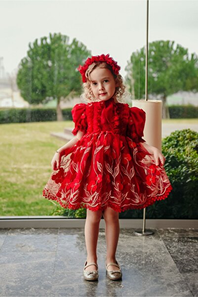 MIALORA EXCLUSİVE By Emel Ebru Özdemir Red Special Design Girl's Evening Dress, Girl's Birthday Dress with Hair Accessories