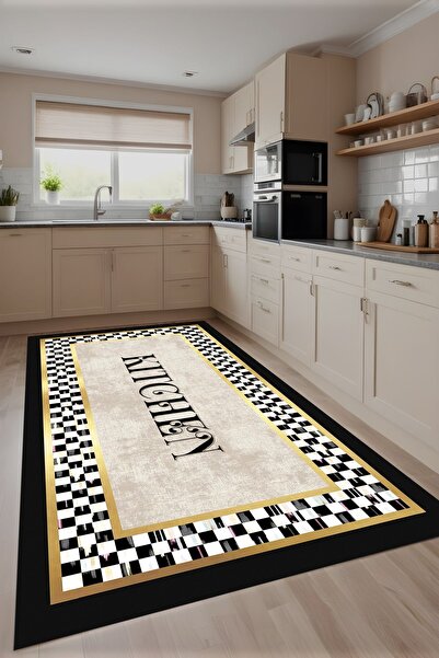 Noble Halı Dijital Baskı Kitchen Yazılı Dama Çerçeveli Dekoratif Modern Makin...