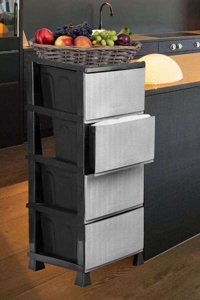 Genel Markalar Büyük Boy Siyah 4 Çekmeceli Gri Hasır Kapaklı Plastik Komidin Sebzelik Şifonyer
