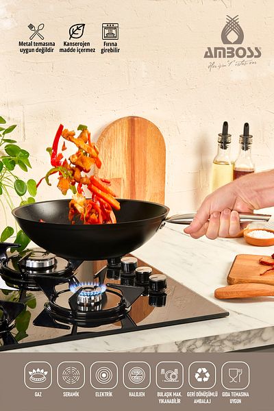 Amboss 28 Cm Titanium Coated Dark Granite Wok Pan - Fireproof Non-Stick