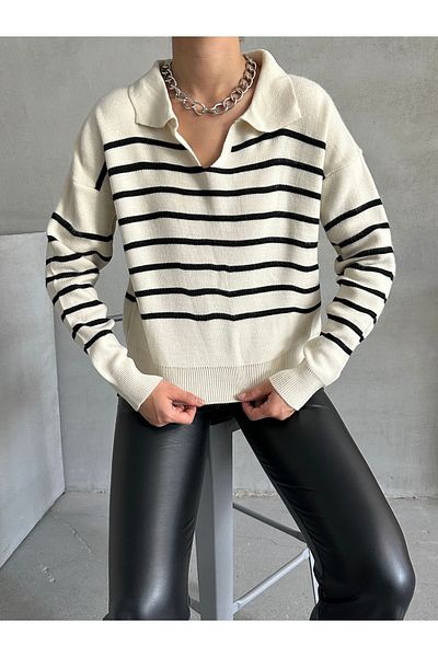 BEJNA Ecrufarbener gestreifter Strickpullover mit Polokragen für Damen