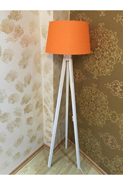 modamvip Üç Ayaklı Lambader Ahşap Tripod Ayak Konik Kumaş Başlık Turuncu Beyaz Ayak L343