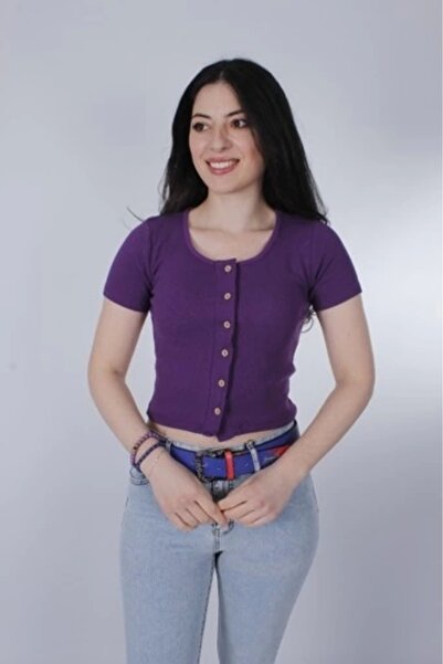 ayakuydur Kadın Düğme Detaylı Kısa Kollu Mor Triko T-shirt