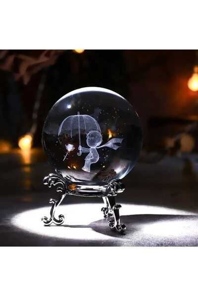 mr shopping MR Figürlü Kristal Cam Küre , Gümüş Renk Metal Standlı, Dekoratif Küre, Harika bir hediye