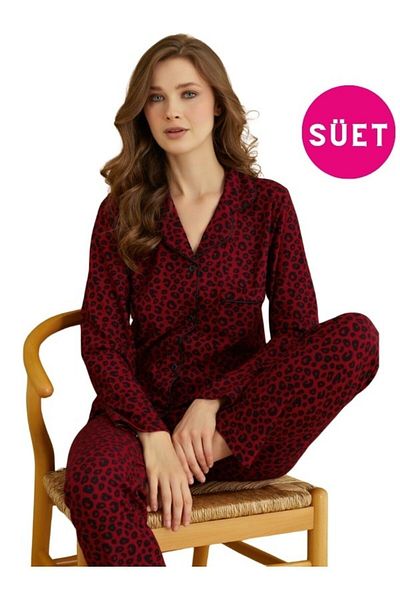 bie's Bordo Leopard Print Satin Pyjama Set - Shirt Collar, Front Button, Bias Pocket, Long Sleeve