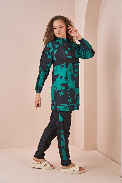 Mevra Costum de baie Hijab cu model palmier scurt negru