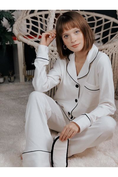 Serbella Set de pijamale cu mânecă lungă din bumbac alb ecru