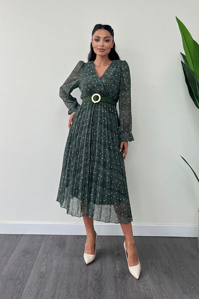 giyimmasalı Chiffon Fabric Double Breasted Collar Polka Dot Detailed Dress - EMERAL GREEN