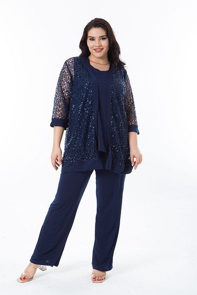 Şans Plus Size Navy Blue Lace Cardigan - Αμάνικη Μπλούζα και Παντελόνι Σετ 3 τεμαχίων 65n38220