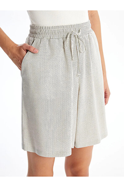 LC Waikiki Lcwaikiki Classic - Blue Striped Linen Blend Rubber Waist Women's Shorts