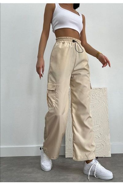 Lixera Pantaloni de parașuta cu buzunar cargo bej cu talie înaltă elastică (COMANDĂ PENTRU TABLUL NOSTRU)