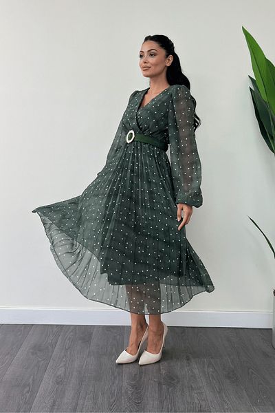 giyimmasalı Chiffon Fabric Double Breasted Collar Polka Dot Detailed Dress - EMERAL GREEN