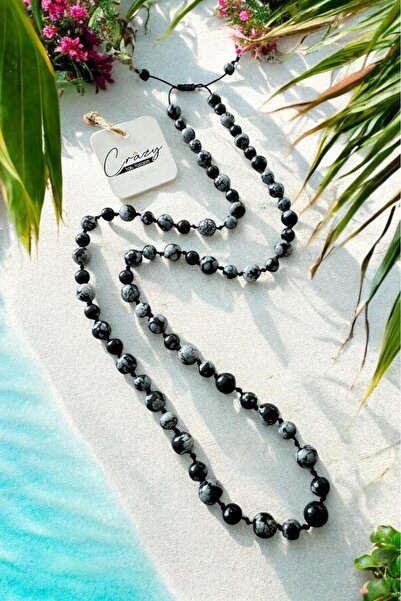 CRAZY TAKI TASARIM 6&8 Mm Hakiki Kar Tanesi Obsidyen Doğaltaş Uzun Unisex Kol...