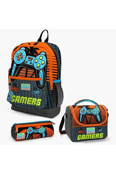 Yaygan Coral High Kids - Gray Orange 3-piece Gamer Patterned School Bag Set