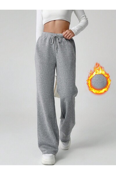 LUMİZA Women's Gray High Waisted Elastic Loose Wide Leg Sweatpants