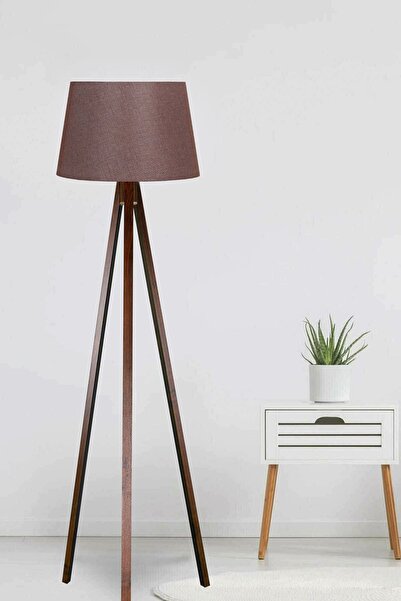 modamvip 3 Ayaklı Lambader Tripod Ayak Üç Ayaklı Ahşap Abajur Konik Kumaş Kahverengi Başlık Kahverengi Ayak