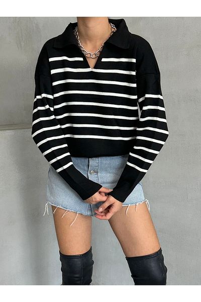 BEJNA Pulover de damă cu dungi negre cu gât polo
