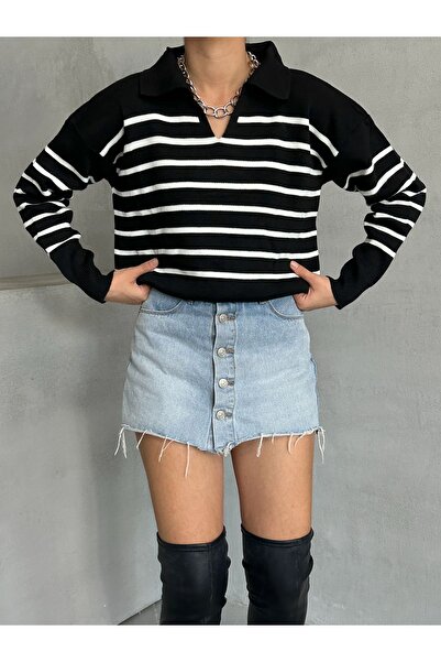 BEJNA Pulover de damă cu dungi negre cu gât polo