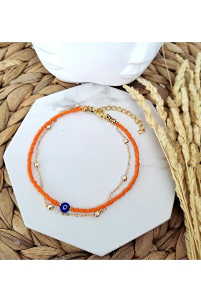 HALHALMILL Kadın Nazar Boncukli Top Zincirli Ikili Turuncu Halhal