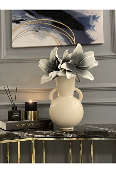 AstreHome Seramik Büyük Boy Dekoratif Tombul Vazo- 28 Cm Bej Rengi