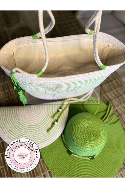 DOUBLE KNOT DESİGN 3lü Takım Plaj Çantası , El Çantası Clutch, Şapka, Totebag...