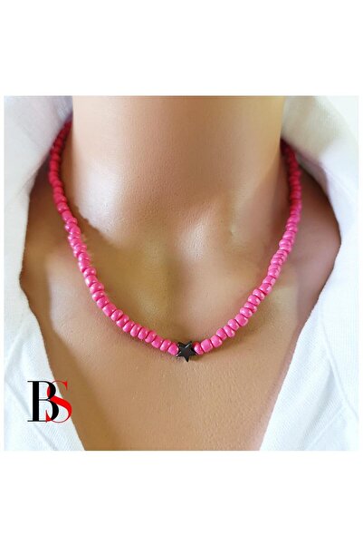 Bijustore ıldız Hematit Doğal Taş - Pembe Kum  Boncuk Kadın Kolye