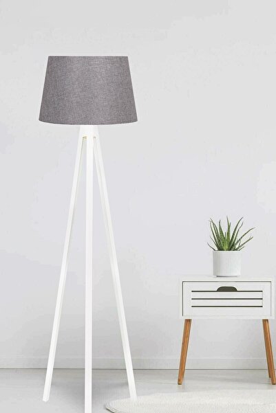 Genel Markalar Lambader Ahşap 3 Ayaklı Tripod Lamba Abajur Konik Başlık Antrasit Beyaz Ayak 9921