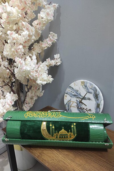 Bonny Home Huşu Yeşil Sandıklı Seccade Nakışlı Deri Kaplama Namazlık ( Mdf Çanta ) Çeyizlik Hediyelik