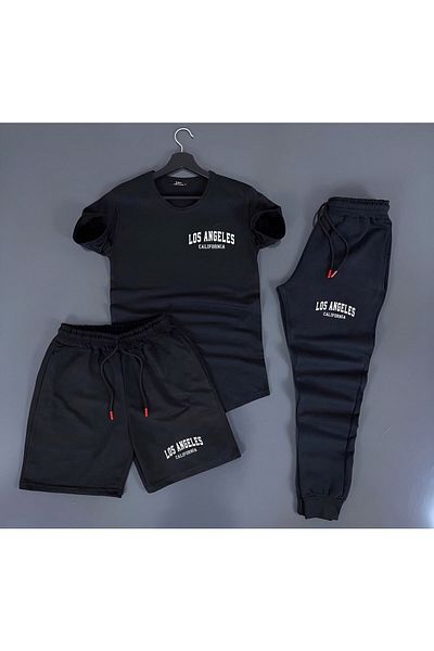 Rex Darius 3-Piece Unisex Combination Los Angeles Printed White, black, red, yellow T-shirt, Black, gray Shorts and Tracksuit
