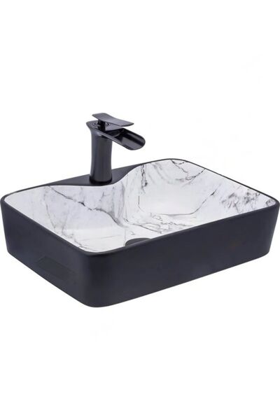 YUEN Banyo Lavabosu Tezgah Üstü Çanak Banyo Lavabosu Doğal Taş Mermer Desenli 48x37x14 Ölçülerinde