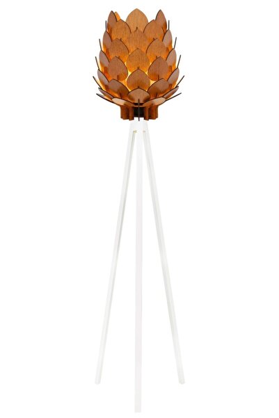 Modamonline Kozalak Lambader 3 Ayaklı Ahşap Abajur Hisar Ceviz Başlık Beyaz Ayak 3001