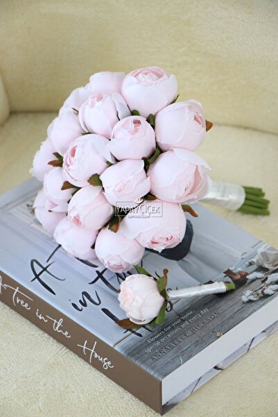 Yapay Çiçek Deposu Gelin Buketi 17li Şakayık Güller Pudra